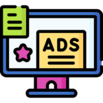 Colorful computer screen showing an ad with the word 'ADS' and icons