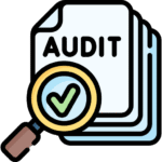 Stack of papers with a magnifying glass and checkmark, showing Google Ads Audit.
