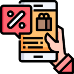 Hand holding a phone with a shopping bag icon and a discount bubble, showing 'App Promotions