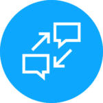 Blue circle with two speech bubbles and arrows, showing the word 'Re-marketing