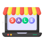 Laptop with a colorful shop canopy and SALE icons on the screen, showing 'Shopping Ads