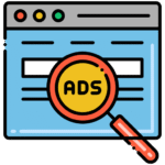 Cartoon-style browser window with a magnifying glass showing the word 'ADS'