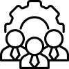 employee_12905342 Icon with three people and a gear above them, showing teamwork and management